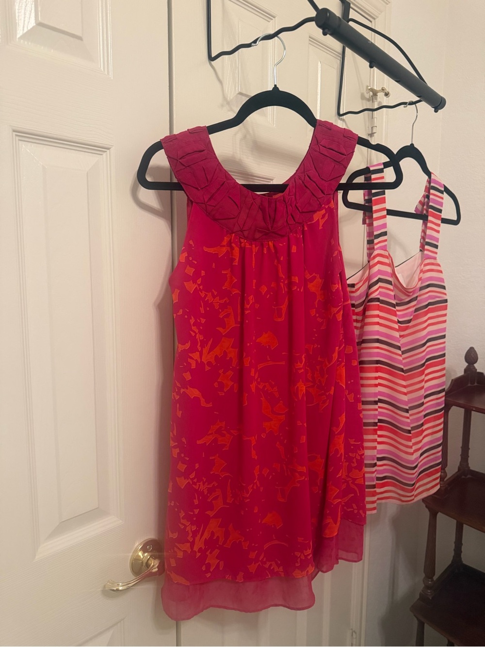 CAbi Pink and Orange Sleeveless Tunic with Ruffle Collar